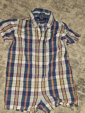 Ralph Lauren Toddler Short-Sleeve Plaid Button Romper - Blue, White & Red